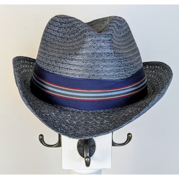VTG Haband Fedora Hat Medium 22" Gray Straw Blue Striped Hatband Made in USA - Picture 5 of 10